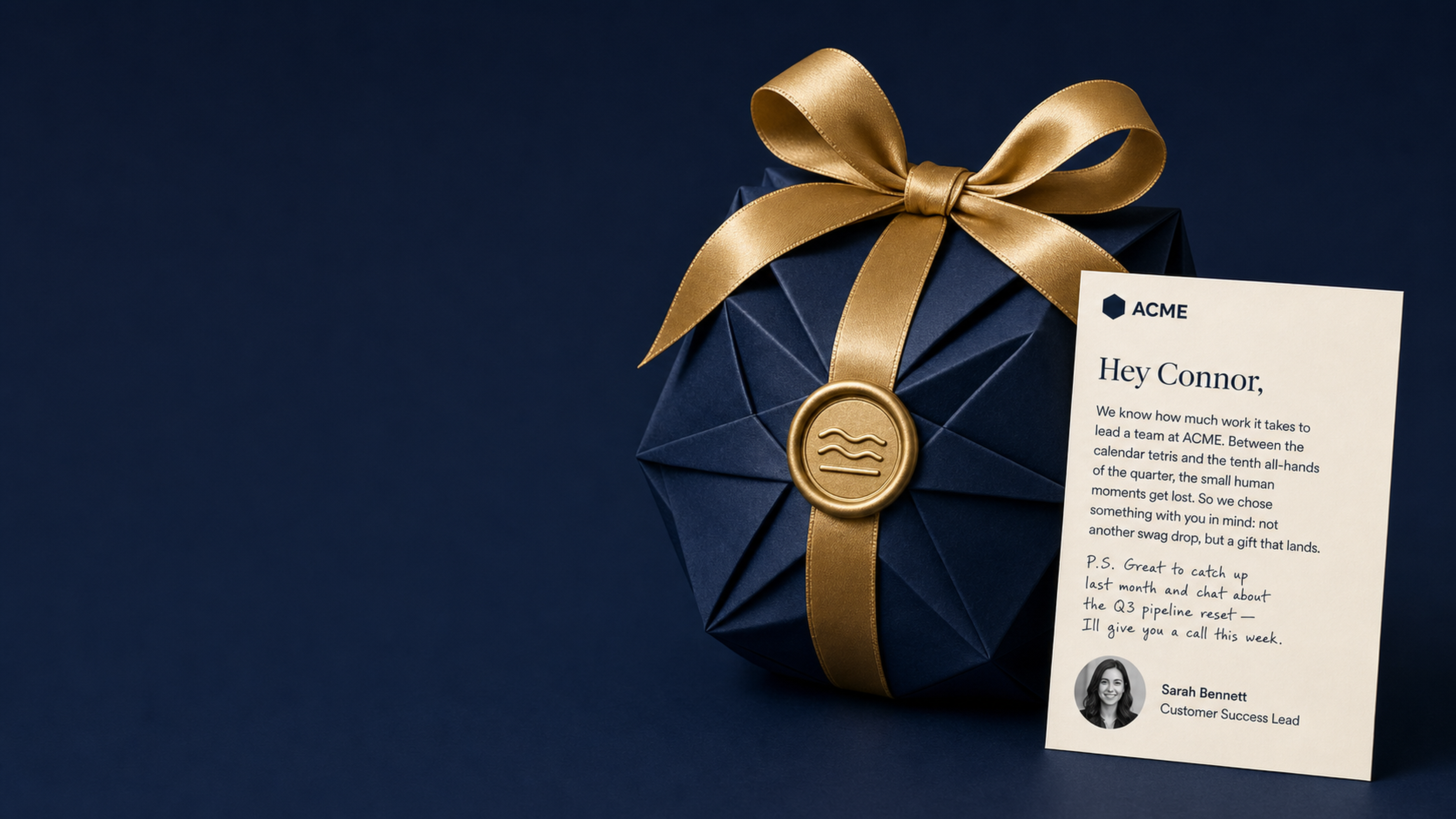 Tailored origami gift with a handwritten note to Connor at ACME