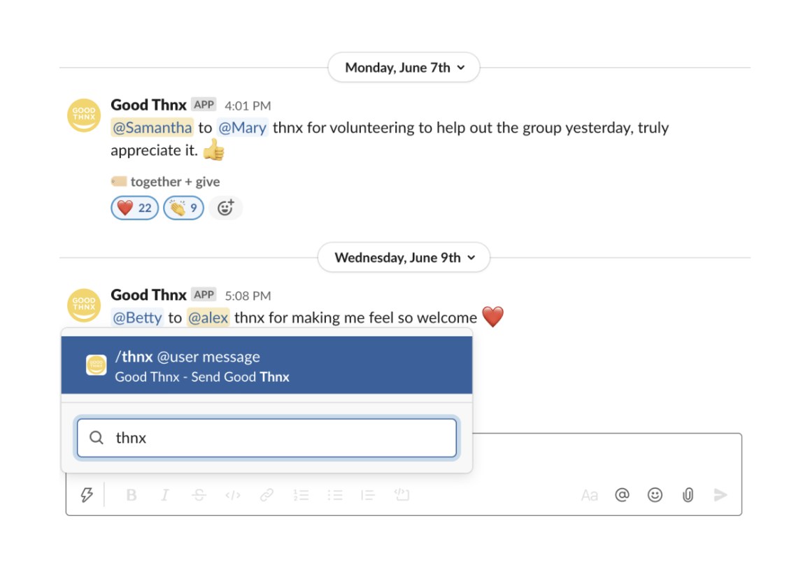 A Slack recognition channel with Good Thnx posts from Samantha to Mary and Betty to Alex, and the /thnx @user message command open in the message box.